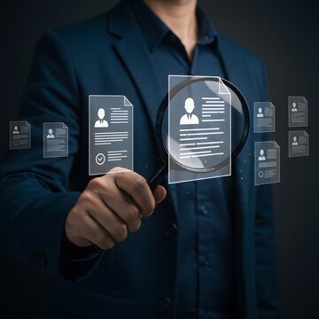 Businessperson reviewing candidate resumes with magnifying glass