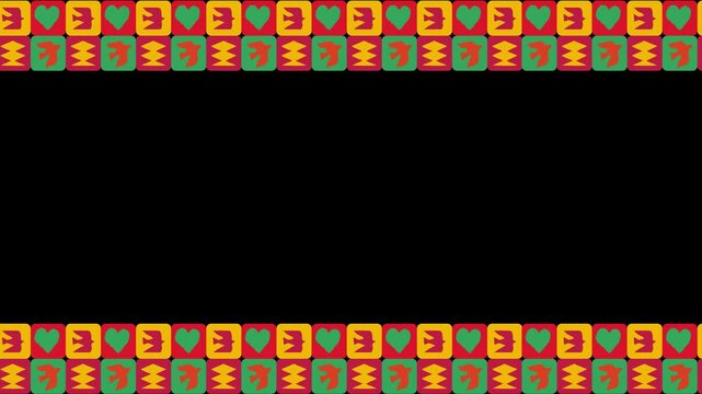 African pattern border and frame looping animation with transparent background. Black history month, Juneteenth Freedom Day. Copyspace for video editing included for text, title, message