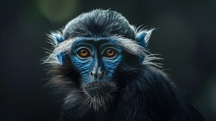 Obraz premium Close-up portrait of a tufted blue monkey with expressive eyes on a blurred dark background.