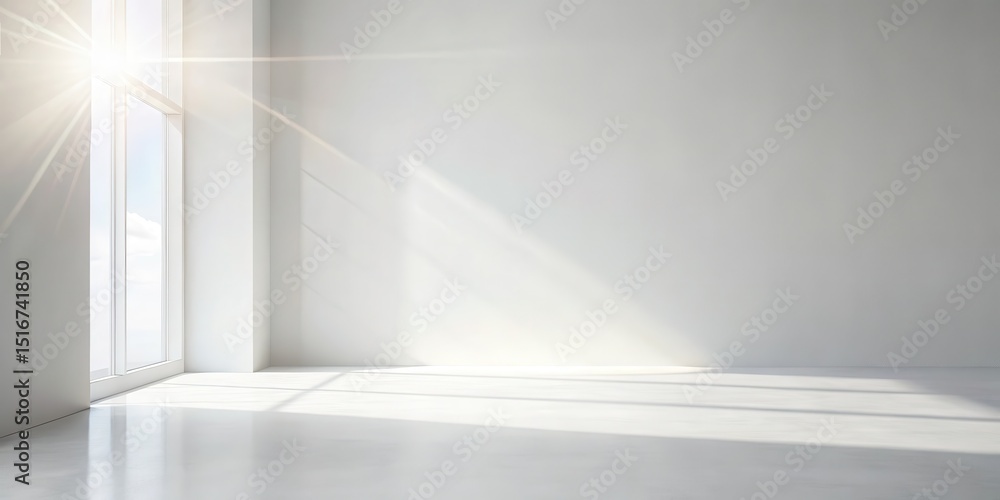 Poster sunlit empty room with white walls and floor, ideal for design presentation or mockups