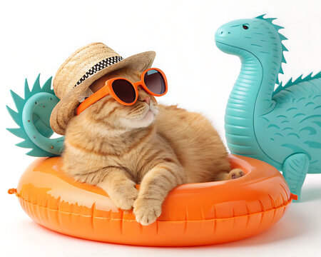 Ginger cat in orange float wearing sunglasses and a hat next to a blue dinosaur toy on white background