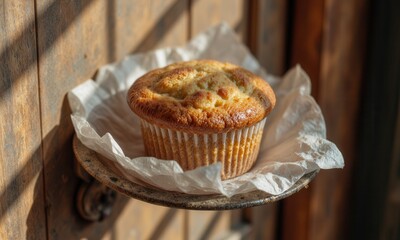 Muffin resting on rustic surface in warm sunlight
