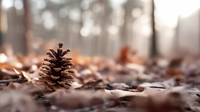 Autumnal scene showcases a pinecone resting on a bed of leaves in muted light