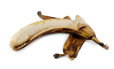 Overripe banana. Half-peeled banana with darkened skin isolated on white background.