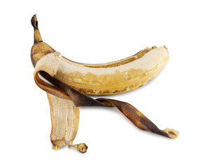 Overripe banana. Half-peeled banana with darkened skin isolated on white background.