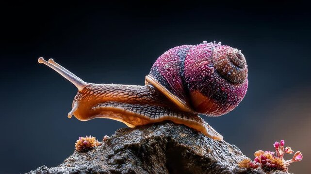 Snail climbs on rock shining shell Nature s beauty animal slowly moving forward