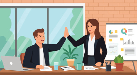 Energetic flat vector illustration of a businessman and businesswoman giving a high-five, celebrating a business success with charts in the background. Highlights teamwork and goal achievement