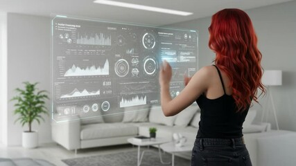 Future Technology Interaction: A woman with red hair interacts with a holographic interface showcasing advanced technology data analysis and presenting data information. - Powered by Adobe