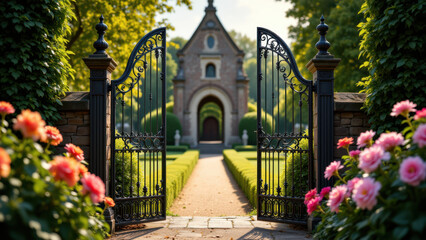 Fototapeta premium A serene garden path leading to a charming brick chapel with an arched doorway and pointed roof, surrounded by lush greenery and vibrant pink roses.