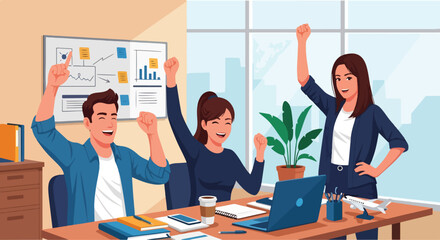 flat vector illustration of a diverse business team celebrating achievement by climbing a bar chart to a trophy. Symbolizes teamwork, ambition, and goal accomplishment