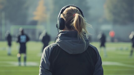 Woman watching a soccer  from the sidelines.