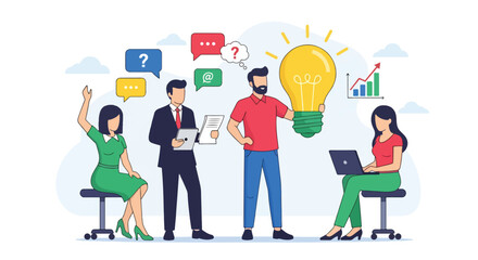 Adobe Illustrator Artwork flat vector illustration of a diverse business team brainstorming ideas around a table with a glowing lightbulb. Emphasizes teamwork and business innovation