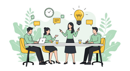 Adobe Illustrator Artwork flat vector illustration of a diverse business team brainstorming ideas around a table with a glowing lightbulb. Emphasizes teamwork and business innovation