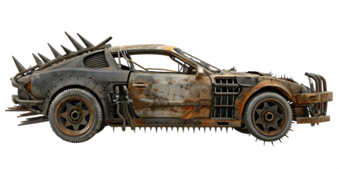 post apocaliptyc sportcar with rusty metall parts isolated on white background PNG