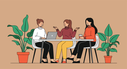 Adobe Illustrator Artwork flat vector illustration of three diverse women collaborating at a table with a laptop and coffee. Emphasizes teamwork, communication, and a relaxed work environment