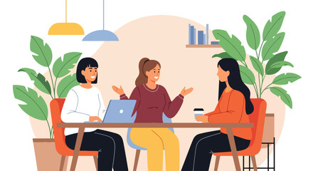 Adobe Illustrator Artwork flat vector illustration of three diverse women collaborating at a table with a laptop and coffee. Emphasizes teamwork, communication, and a relaxed work environment