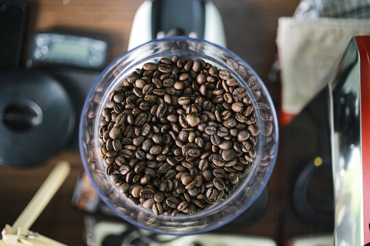 Coffee Beans in Hopper: Aromatic Morning Ritual