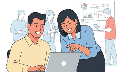 Adobe Illustrator Artwork flat vector illustration of a diverse business team analyzing data on a laptop and whiteboard in a vibrant office setting. Emphasizes teamwork and productivity