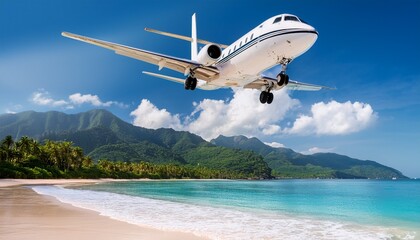 private jet landing on a tropical beach with mountains in the background