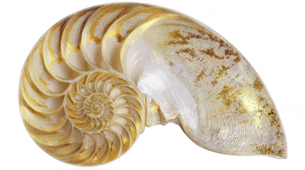 Golden ratio nautilus shell cut in half on transparent background showing perfect logarithmic spiral and chambers, concept of mathematics, nature, beauty, and harmony