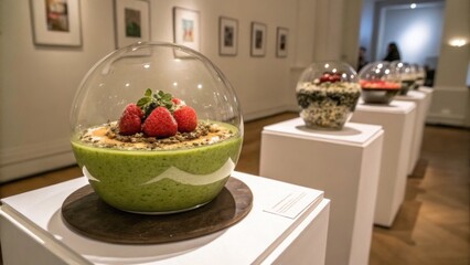 Matcha chia pudding displayed in glass dome at art gallery exhibit  
