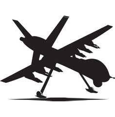 Black silhouette of military drone. Top, front and side view. Army aircraft for intelligence and attack. Industrial isolated drawing, Bayraktar TB2, MQ-9, TAI Aksungur, Falco.