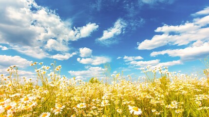 Wildflower Field Under Blue Sky with Clouds, Sunny Nature Scene