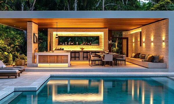 Tranquil outdoor living space with pool and covered patio