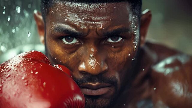 Determined boxer in intense training session with sweat and focus in slow motion