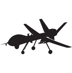 Black silhouette of military drone. Top, front and side view. Army aircraft for intelligence and attack. Industrial isolated drawing, Bayraktar TB2, MQ-9, TAI Aksungur, Falco.