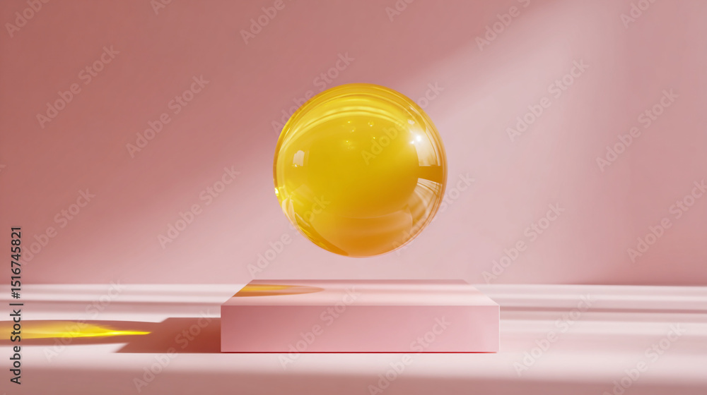 Poster a golden sphere floating above a pink platform against a pink background with light and shadow