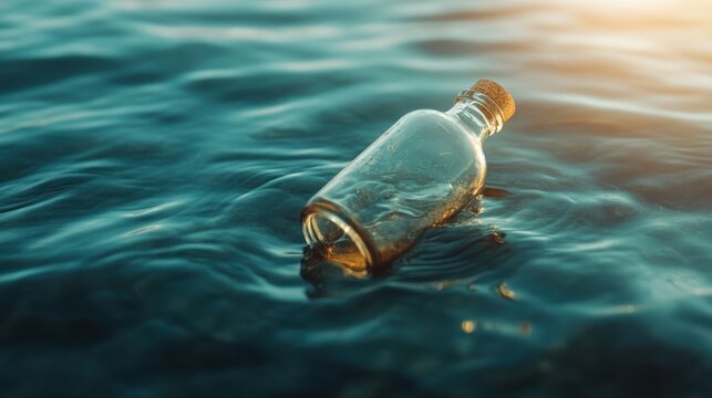 A glass bottle floats serenely on gentle waves, representing hope and mystery, inviting thoughts of distant shores and unspoken messages across the sea.