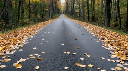 Naklejka premium Scenic autumn road surrounded by colorful fall foliage and fallen leaves