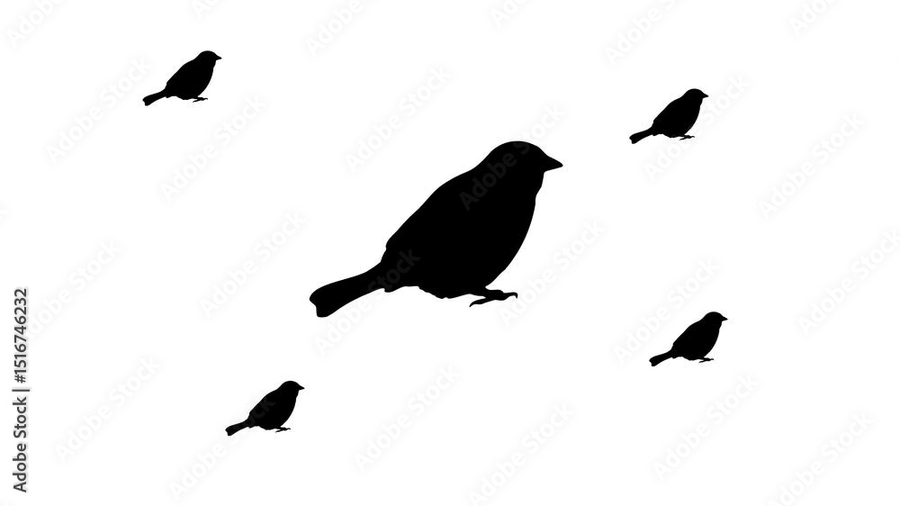 Poster zoom in and out animation the bird sparrow symbol. large black symbol in the center and four small s
