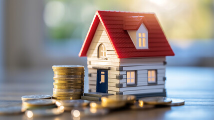 Mortgage Credit Agreement buy or rent home. Calculation of loan repayment. House model miniature, money, calculator. Tax, credit analysis for optimal mortgage payment.	
