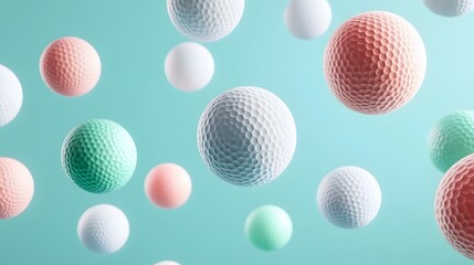 Colorful golf balls in mid-air against a teal background.