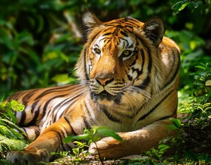 Obraz premium a majestic tiger resting on a lush forest floor surrounded by vibrant green foliage dappled sunlight streaming through the canopy