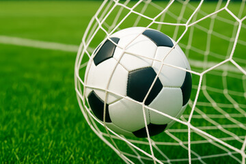 Obraz premium Soccer Ball in Net on Green Field