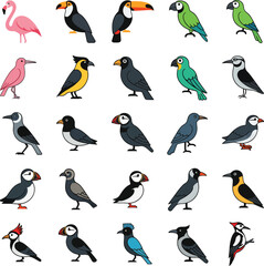 Obraz premium Assortment of cartoon birds featuring toucans parrots puffins and other exotic species collection