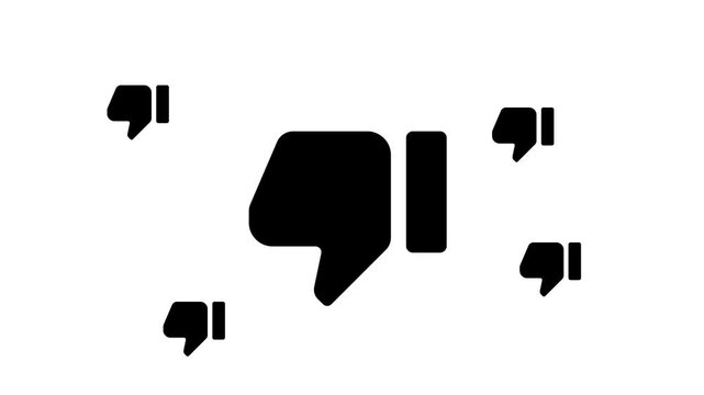 Zoom in and out animation the thumb down symbol. Large black symbol in the center and four small symbols around. Seamless looped 4k animation on white background