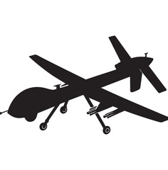 Black silhouette of military drone. Top, front and side view. Army aircraft for intelligence and attack. Industrial isolated drawing, Bayraktar TB2, MQ-9, TAI Aksungur, Falco.