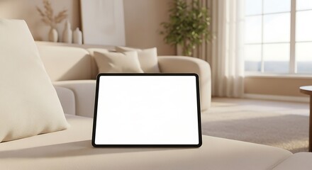 Fototapeta premium Tablet Mockup with Blank Screen on Cozy Couch in Home Interior
