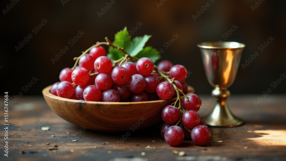 Poster a bowl of red grapes with a chalice next to it on a rustic table.