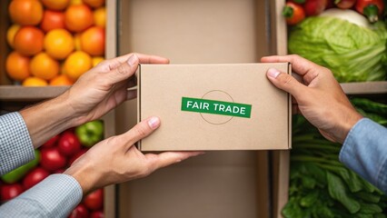 Fair Trade Sourcing: Ethical Supply Chain Concept, Hands applying a fair trade label, emphasizing ethical products and sustainability in commerce.