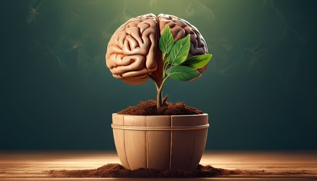 a brain growing like a plant from a wooden pot filled with soil art concept
