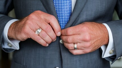 Obraz premium Close-up of a man in a suit fastening his jacket button, emphasizing professionalism and business attire