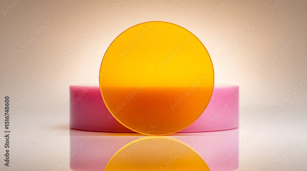 Poster a yellow circle on a pink cylinder reflecting on a surface with a soft gradient background