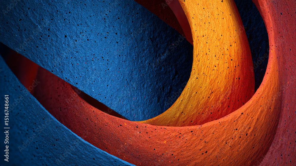 Poster abstract rendering with a textured surface showing a ribbon flowing through blue space design