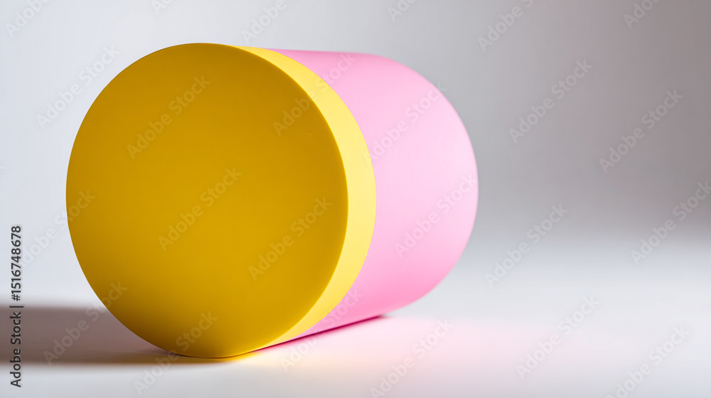 Poster a cylinder with yellow and pink sections resting on a white surface in a studio setting with soft li