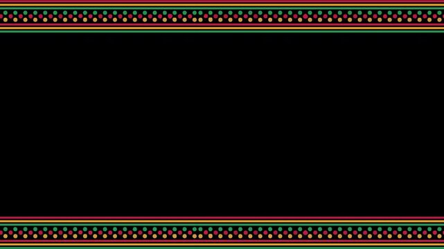 Rastafarian. Black history month. Juneteenth Freedom Day. African pattern border and frame looping animation with transparent background. Copyspace for video editing included for text, title, message